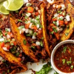 Chicken Birria Tacos with crispy pan-fried corn tortillas stuffed with shredded birria chicken, topped with pico de gallo and cilantro, served with dipping consomé and lime wedges.