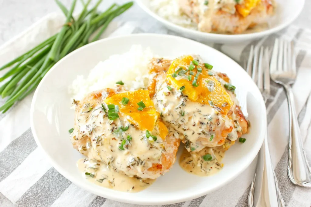 Chicken Olivia plated with creamy herb sauce and melted cheddar over tender chicken, garnished with chopped chives and served with white rice.