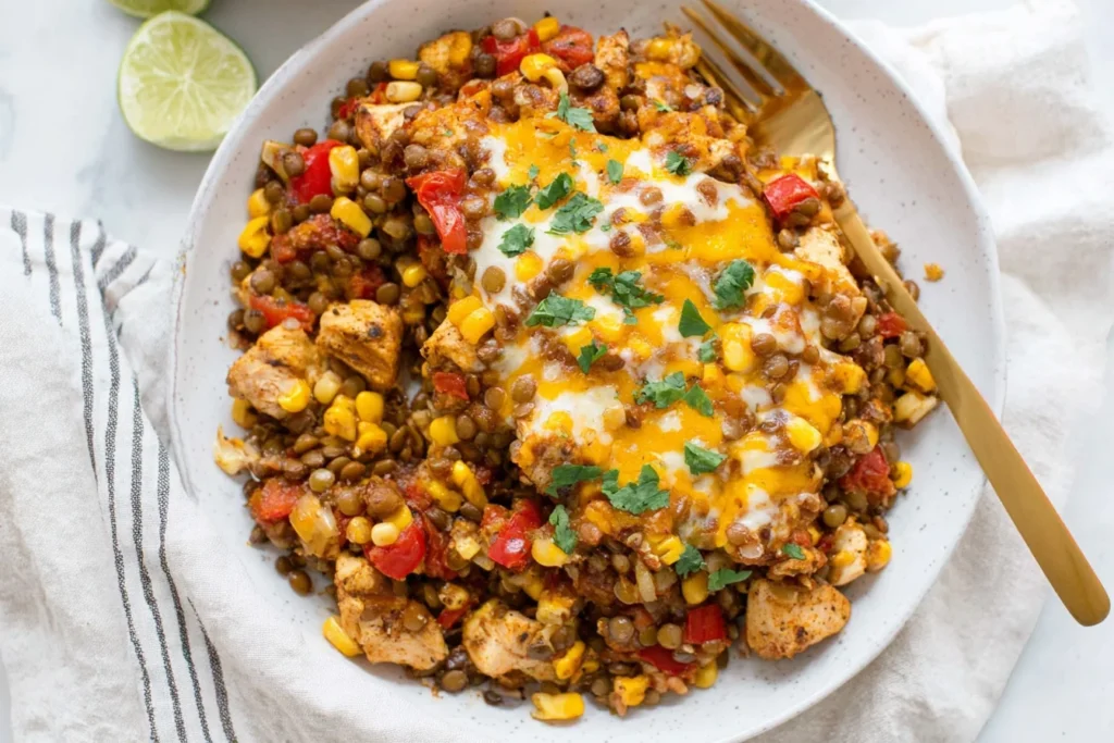 Chicken and Lentil Casserole serving in a bowl with melted Tex-Mex cheese, green lentils, diced chicken, corn, peppers, and cilantro.