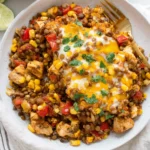 Chicken and Lentil Casserole serving in a bowl with melted Tex-Mex cheese, green lentils, diced chicken, corn, peppers, and cilantro.