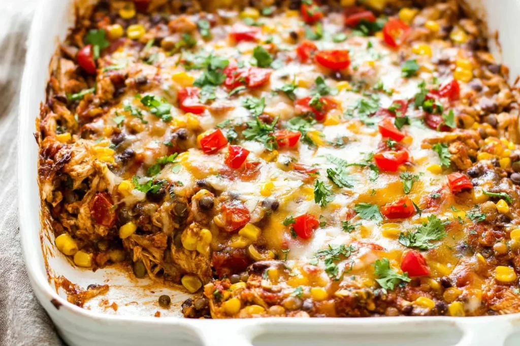 Chicken and Lentil Casserole in a baking dish with a scoop removed, topped with melted cheese, corn, tomatoes, and cilantro.
