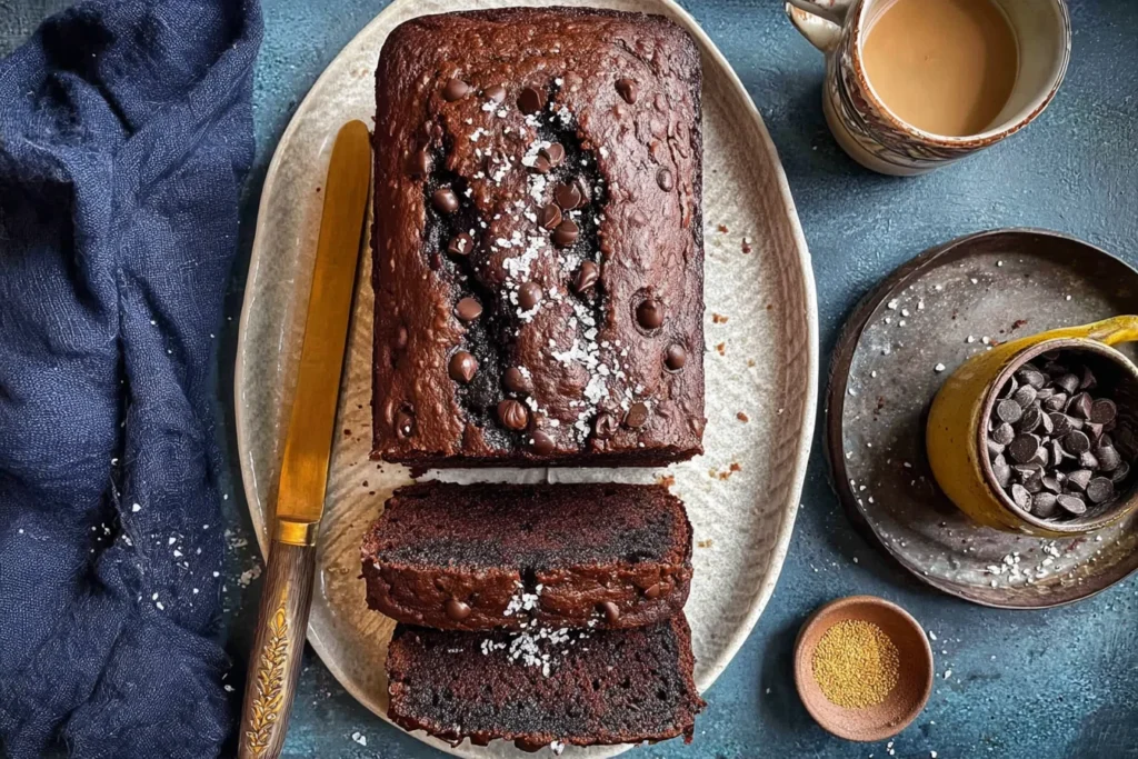 Chocolate Espresso Banana Bread loaf topped with chocolate chips and a dusting of sugar, sliced on a platter with a mug of coffee and extra chips nearby.