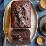 Chocolate Espresso Banana Bread loaf topped with chocolate chips and a dusting of sugar, sliced on a platter with a mug of coffee and extra chips nearby.