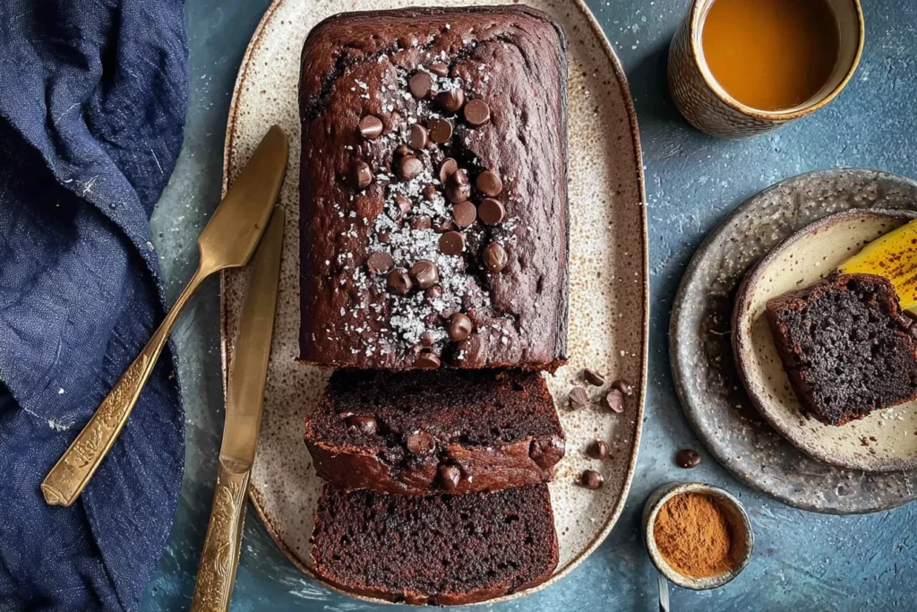 Chocolate Espresso Banana Bread loaf topped with chocolate chips and powdered sugar, sliced on a plate with coffee and bananas.