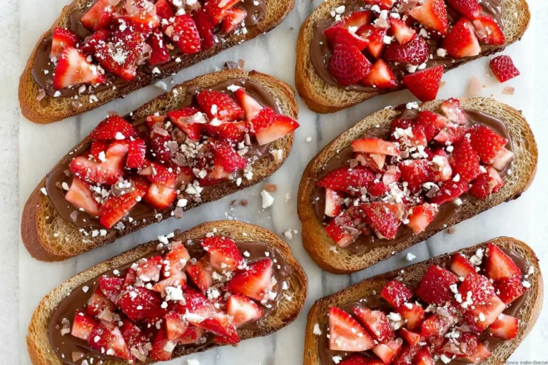 Chocolate Strawberry Bruschetta on toasted sourdough with Nutella cream cheese, fresh diced strawberries, and crunchy walnut topping.
