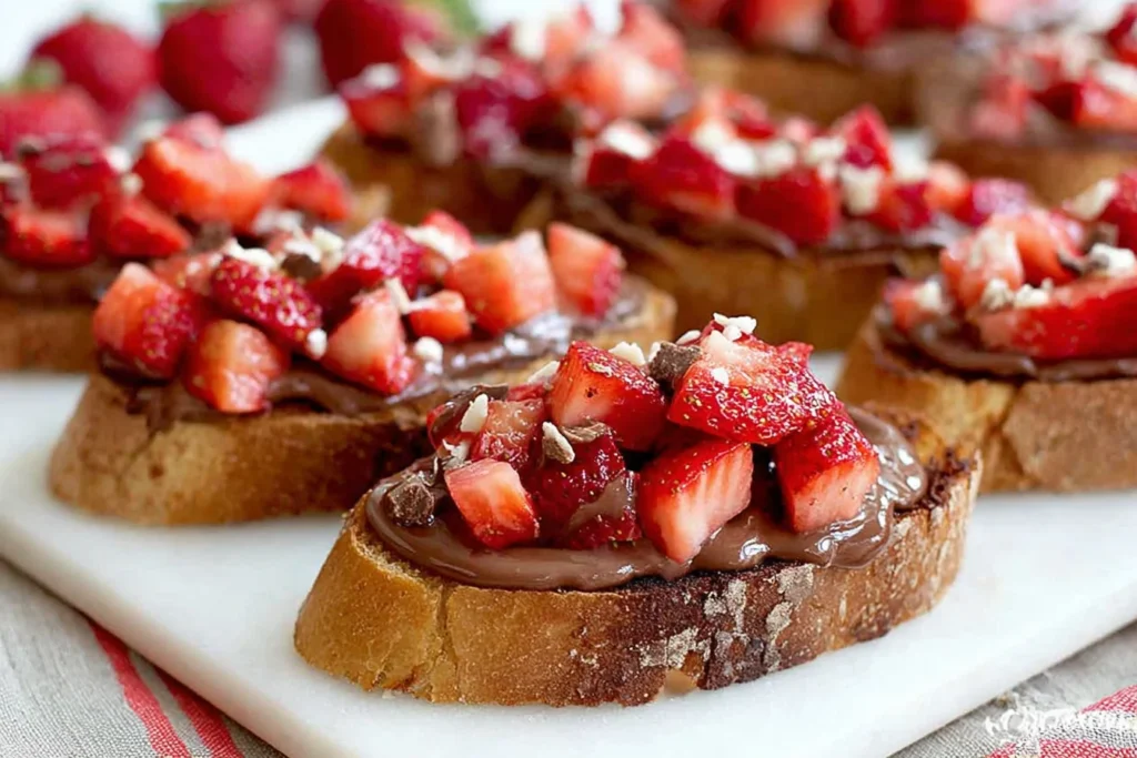 Chocolate Strawberry Bruschetta on toasted sourdough with creamy Nutella spread, diced strawberries, and a sprinkle of crunchy walnuts.