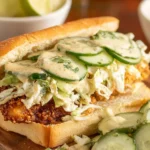 Crispy Cilantro Lime Chicken Sandwich on a toasted roll with creamy avocado sauce, crunchy cabbage slaw, and fresh cucumber slices.