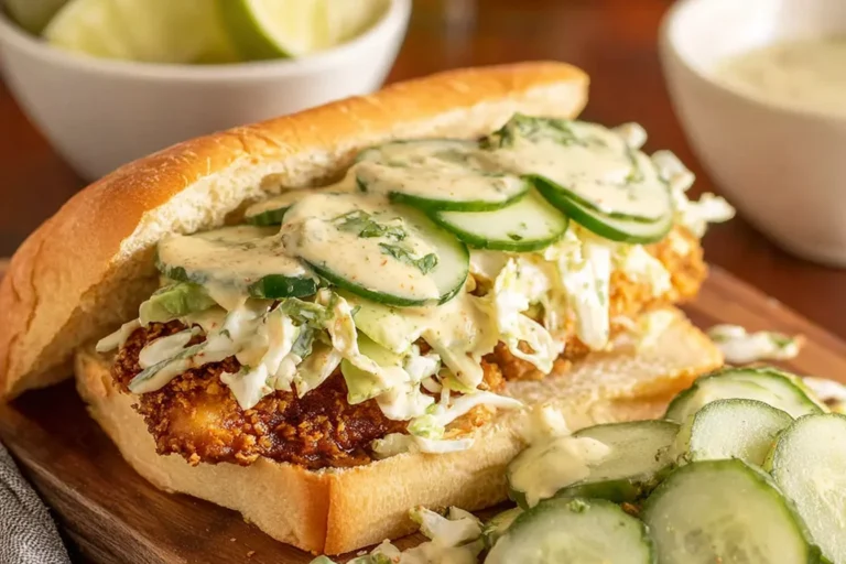 Crispy Cilantro Lime Chicken Sandwich on a toasted roll with creamy avocado sauce, crunchy cabbage slaw, and fresh cucumber slices.