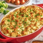 Classic Chicken and Stuffing Casserole baked in a red dish with a golden, crispy stuffing topping and fresh parsley.