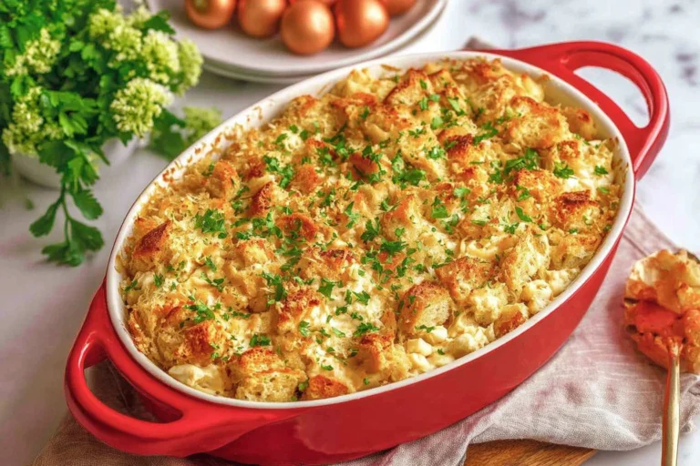 Classic Chicken and Stuffing Casserole baked in a red dish with a golden, crispy stuffing topping and fresh parsley.