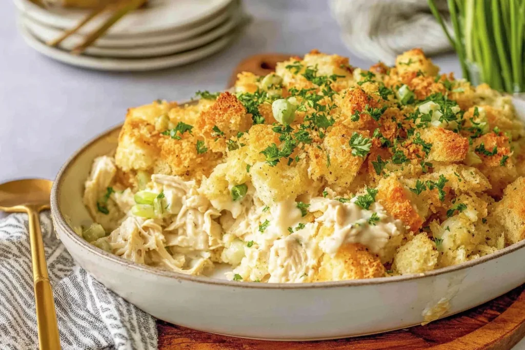 Classic Chicken and Stuffing Casserole served in a bowl with creamy shredded chicken, golden stuffing croutons, and fresh herbs.