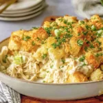 Classic Chicken and Stuffing Casserole served in a bowl with creamy shredded chicken, golden stuffing croutons, and fresh herbs.