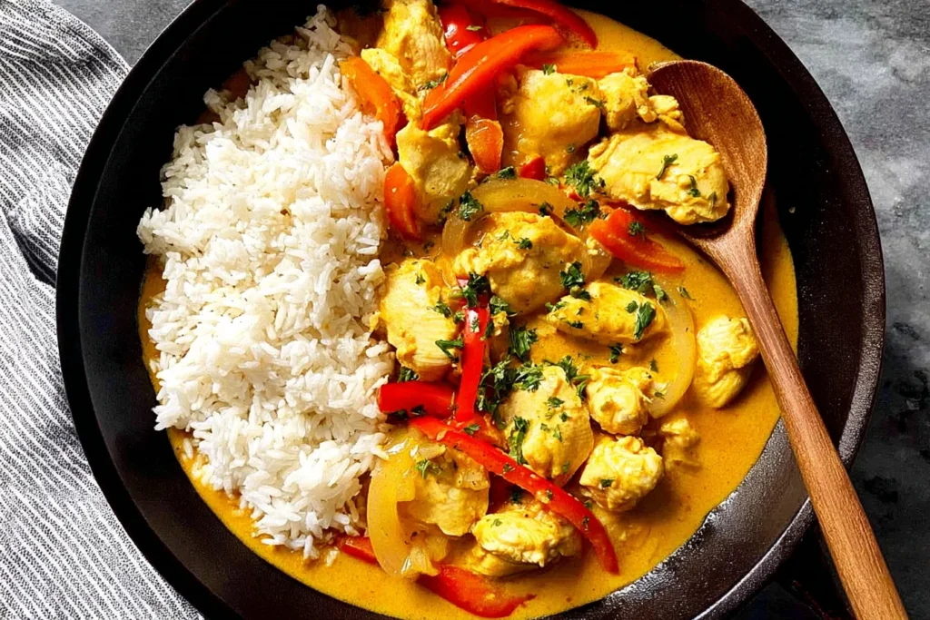 Coconut Chicken Curry in a black bowl with jasmine rice, tender chicken pieces, red bell peppers, onions, and a creamy golden coconut sauce