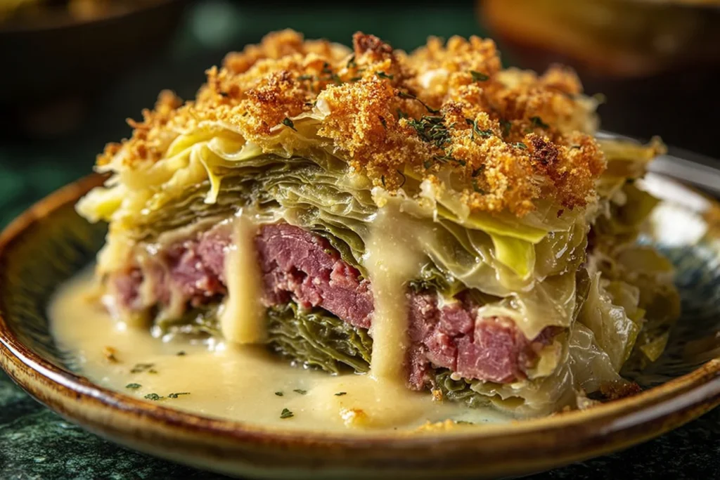 Corned Beef and Cabbage Casserole slice with layered cabbage and corned beef, topped with a crispy golden crust and drizzled with creamy sauce.