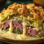 Corned Beef and Cabbage Casserole slice with layered cabbage and corned beef, topped with a crispy golden crust and drizzled with creamy sauce.