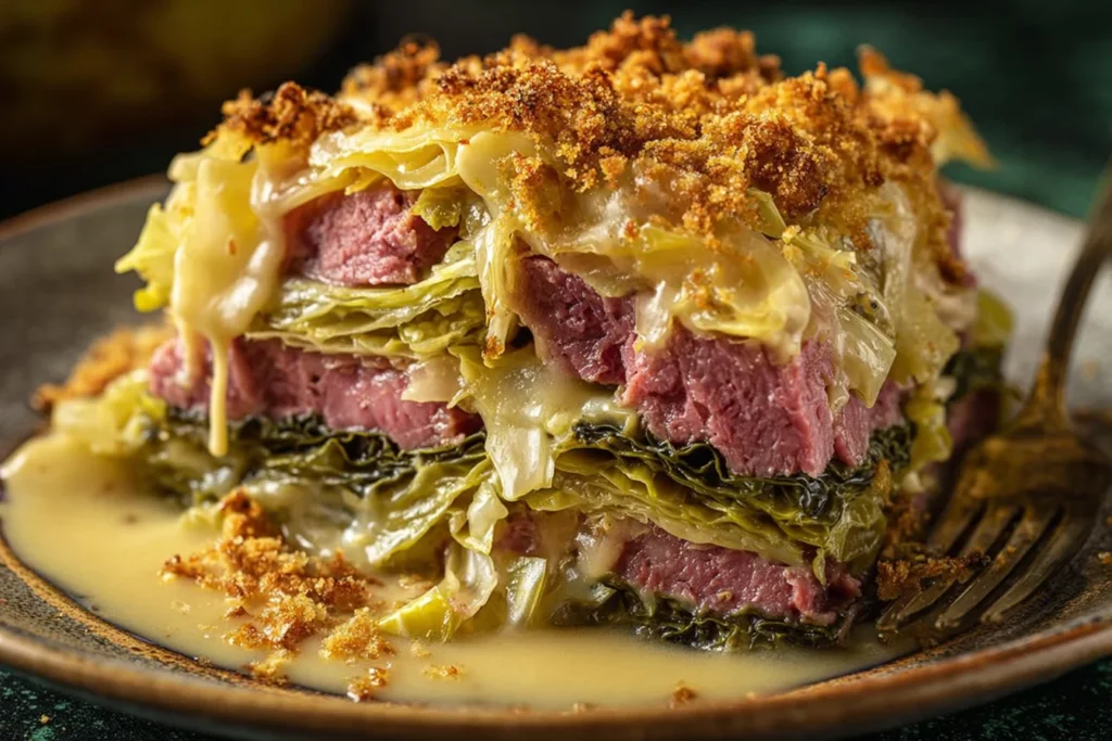 Corned Beef and Cabbage Casserole slice with tender corned beef, layered cabbage and potatoes, creamy sauce, and a golden crumb topping.