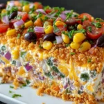 Cowboy Caviar Jalapeno Popper Cheese Log coated in crushed tortilla chips, topped with black beans, corn, tomatoes, red onion, and cilantro.