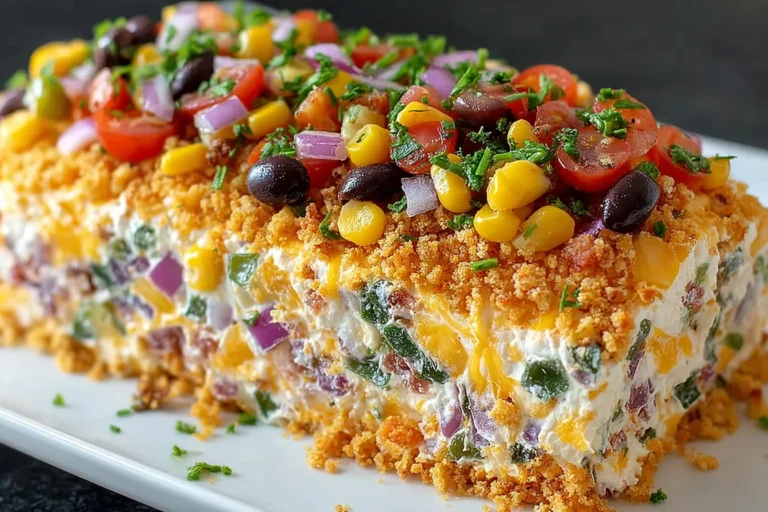 Cowboy Caviar Jalapeno Popper Cheese Log coated in crushed tortilla chips, topped with black beans, corn, tomatoes, red onion, and cilantro.