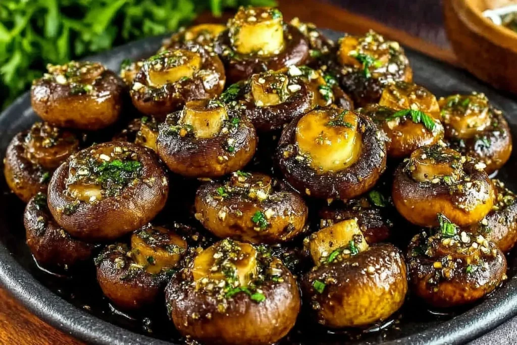Cowboy Mushrooms in a rich garlic-butter sauce with Worcestershire and soy, topped with parsley and black pepper in a rustic bowl.