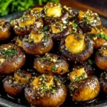 Cowboy Mushrooms in a rich garlic-butter sauce with Worcestershire and soy, topped with parsley and black pepper in a rustic bowl.