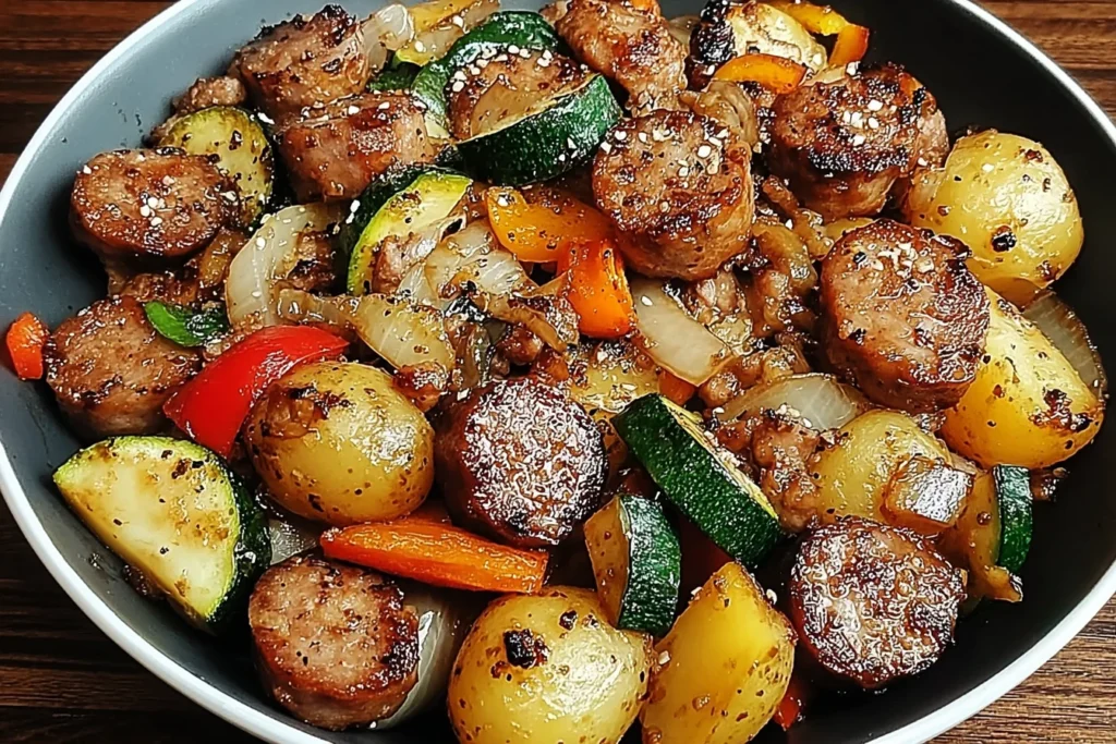 Cowboy Stir Fry with smoked sausage, baby Yukon Gold potatoes, zucchini, onions, and bell peppers in a skillet-style bowl, seasoned and browned.