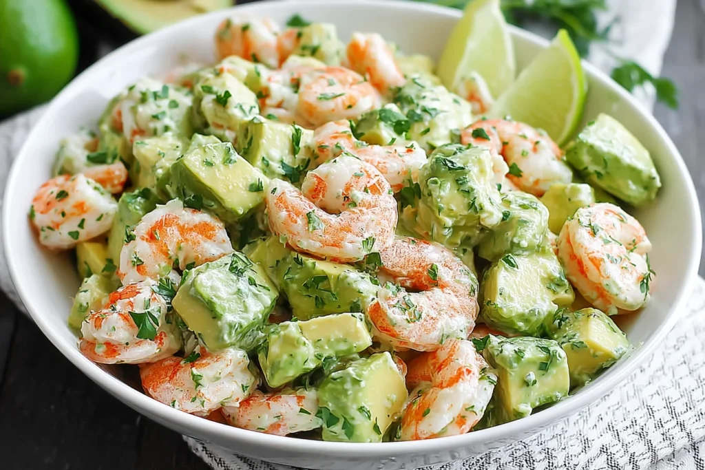 Avocado Shrimp Salad in a white bowl with creamy avocado chunks, tender shrimp, fresh herbs, and lime wedges.