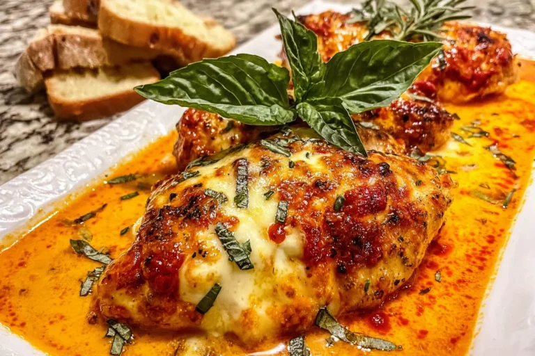 Creamy Baked Ricotta Chicken topped with melted mozzarella, basil, and marinara-style sauce on a white plate with sliced bread.