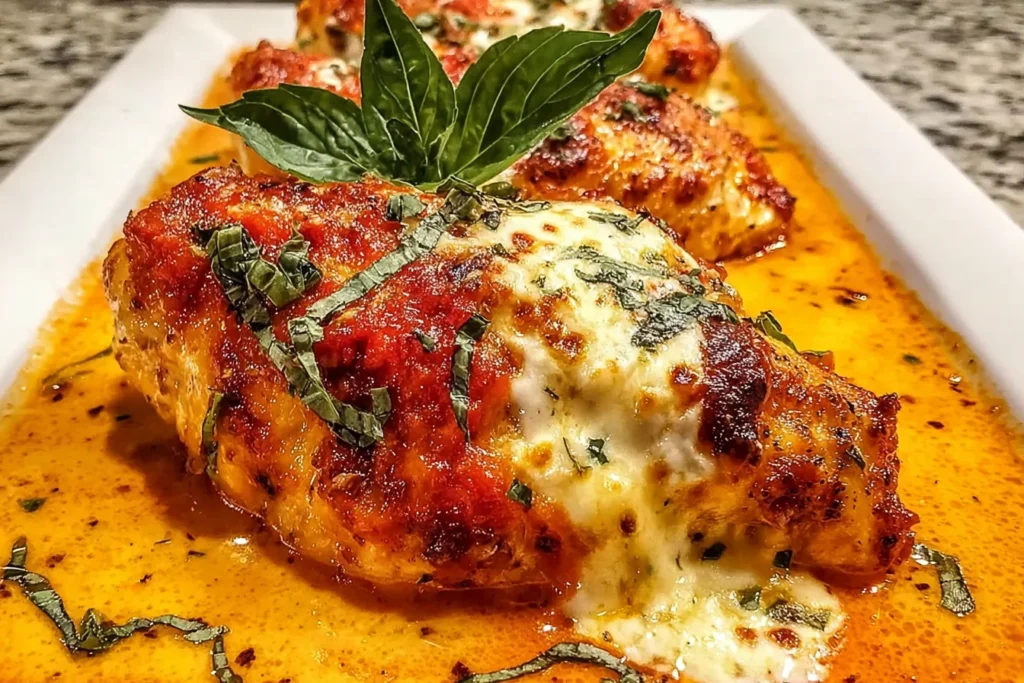 Creamy Baked Ricotta Chicken with marinara, melted mozzarella, and fresh basil on a white plate in a creamy tomato pan sauce.