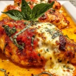 Creamy Baked Ricotta Chicken with marinara, melted mozzarella, and fresh basil on a white plate in a creamy tomato pan sauce.