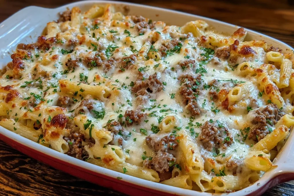 Creamy Beef Alfredo Ziti Casserole baked with ziti pasta, smoked beef, bubbly mozzarella and cheddar, garnished with parsley in a casserole dish.