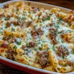 Creamy Beef Alfredo Ziti Casserole baked with ziti pasta, smoked beef, bubbly mozzarella and cheddar, garnished with parsley in a casserole dish.
