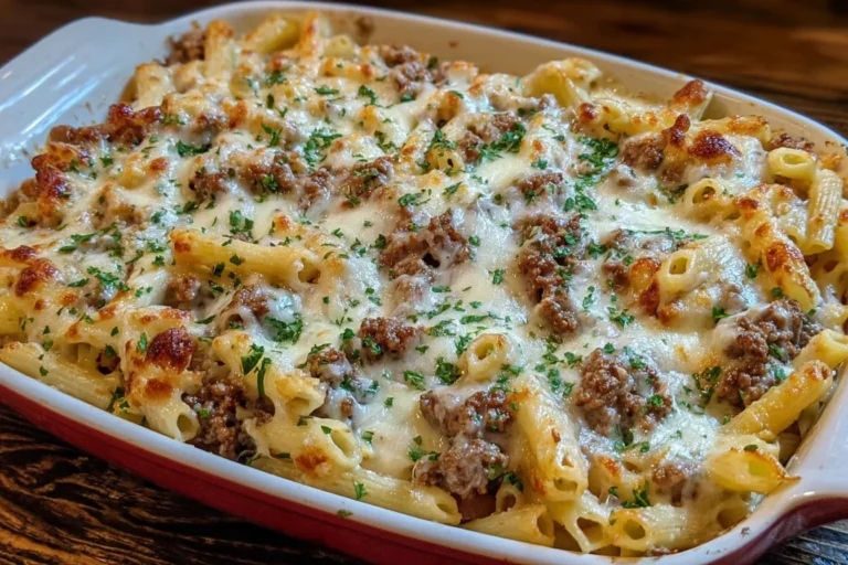 Creamy Beef Alfredo Ziti Casserole baked with ziti pasta, smoked beef, bubbly mozzarella and cheddar, garnished with parsley in a casserole dish.