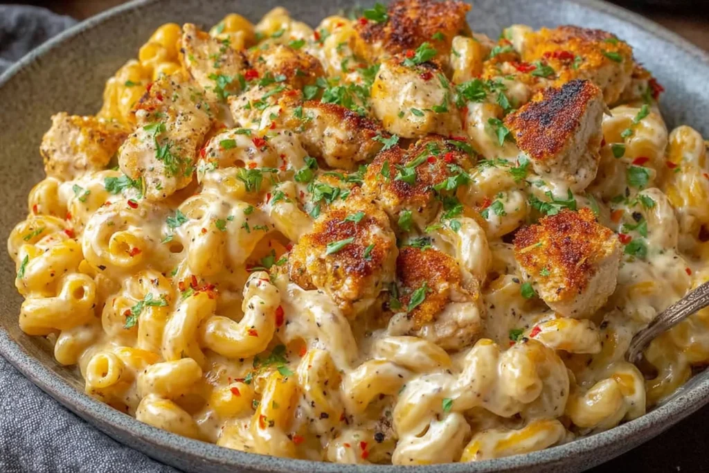 Cajun Chicken Mac and Cheese with creamy elbow macaroni, melted cheddar sauce, crispy seared Cajun chicken bites, and parsley garnish in a bowl.