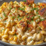 Cajun Chicken Mac and Cheese with creamy elbow macaroni, melted cheddar sauce, crispy seared Cajun chicken bites, and parsley garnish in a bowl.