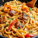 Creamy Pappadeaux Mardi Gras Pasta with shrimp, andouille sausage, bell peppers, and Cajun cream sauce in a skillet