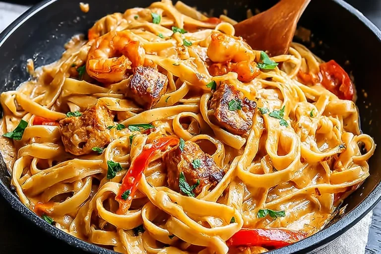 Creamy Pappadeaux Mardi Gras Pasta with shrimp, andouille sausage, bell peppers, and Cajun cream sauce in a skillet
