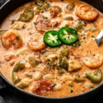 Bowl of creamy Cajun White Chicken Chili topped with jalapeño slices, shrimp, chicken, andouille sausage, and white beans in a rich Cajun-spiced broth.