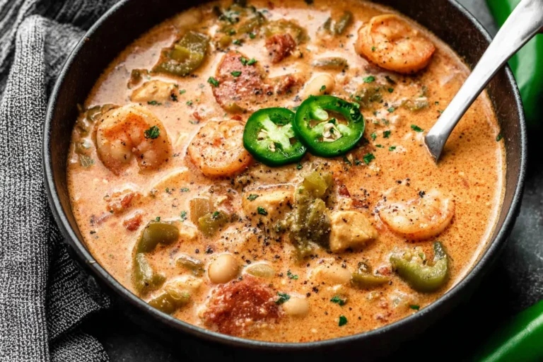Bowl of creamy Cajun White Chicken Chili topped with jalapeño slices, shrimp, chicken, andouille sausage, and white beans in a rich Cajun-spiced broth.