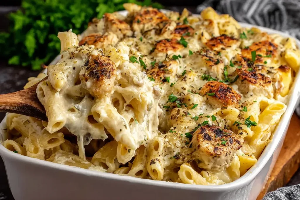 Banana Pepper Chicken Alfredo Bake with creamy penne pasta and browned chicken bites in a white baking dish, topped with herbs and melty cheese pull.