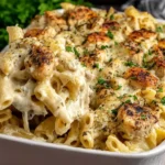 Banana Pepper Chicken Alfredo Bake with creamy penne pasta and browned chicken bites in a white baking dish, topped with herbs and melty cheese pull.