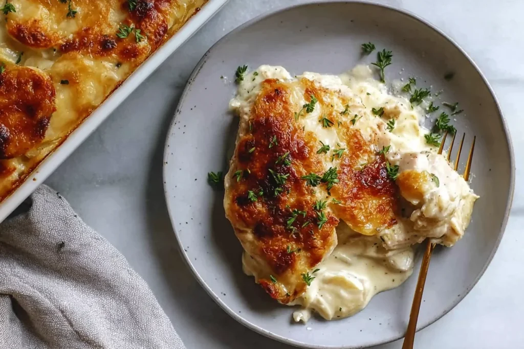 Ina Garten Chicken Casserole Recipe served creamy and golden-brown with herb garnish on a gray plate.