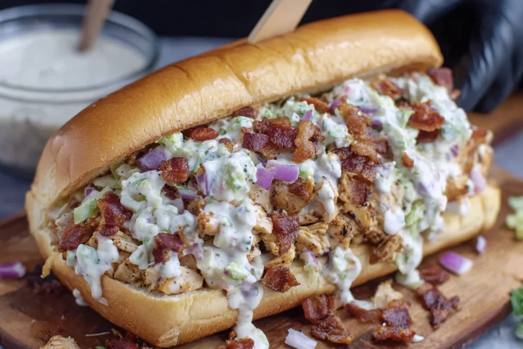 Chopped Chicken Bacon Ranch Sandwich on a toasted hoagie roll with creamy ranch dressing, crispy bacon, and chopped chicken.