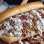 Chopped Chicken Bacon Ranch Sandwich on a toasted hoagie roll with creamy ranch dressing, crispy bacon, and chopped chicken.