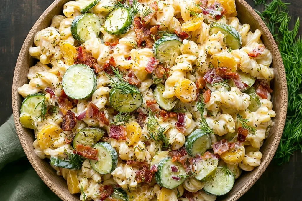 Bowl of Dill Pickle Bacon Pasta Salad with creamy pasta, sliced pickles, crispy bacon, red onion, and fresh dill on a dark table.