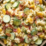 Bowl of Dill Pickle Bacon Pasta Salad with creamy pasta, sliced pickles, crispy bacon, red onion, and fresh dill on a dark table.