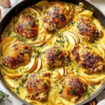 Creamy French Chicken Casserole with golden chicken thighs, sliced apples, thyme, and rich creamy sauce in a skillet