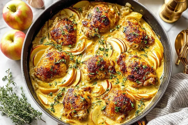 Creamy French Chicken Casserole with golden chicken thighs, sliced apples, thyme, and rich creamy sauce in a skillet