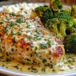 Low Carb Creamy Garlic Chicken & Broccoli served with juicy seared chicken in a creamy garlic Parmesan sauce and tender broccoli florets.
