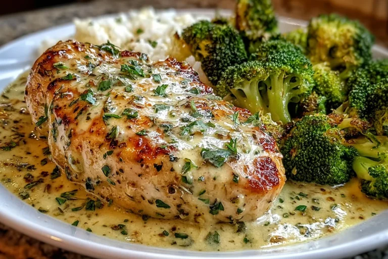 Low Carb Creamy Garlic Chicken & Broccoli served with juicy seared chicken in a creamy garlic Parmesan sauce and tender broccoli florets.