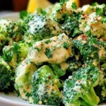 Creamy Garlic Parmesan Broccoli in a bowl, coated in rich garlic-Parmesan sauce with parsley and red pepper flakes.